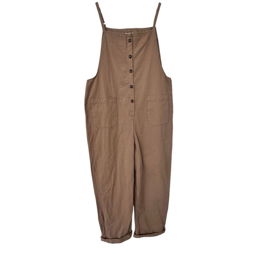 Noflik Relaxed Brown Cotton Utility Jumpsuit Bibs w/ Front Buttons - Size Small
